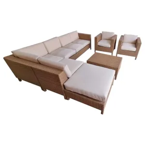 Mueble Seccional de Ratán Natural para Terraza con Mesa y 2 Butacas