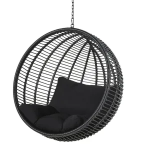 Sillón Colgante Empotrable de Resina Trenzada Negra para Jardín con Cojines
